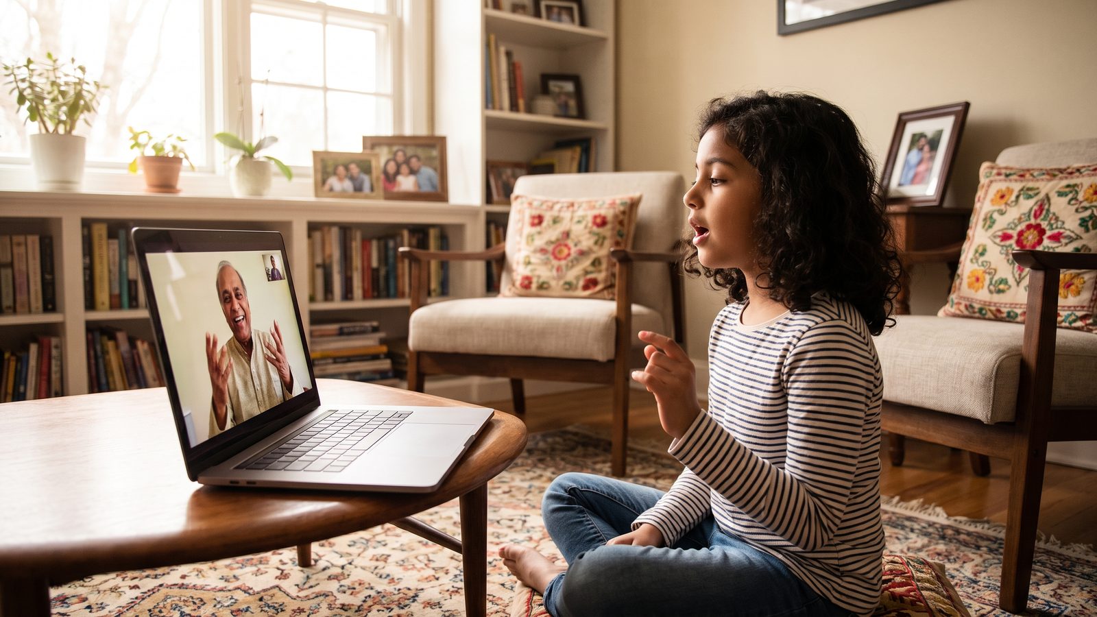 An Indian child sits cross-legged at home, singing along to a live online Indian classical music lesson on a laptop where a guru is teaching on screen.
