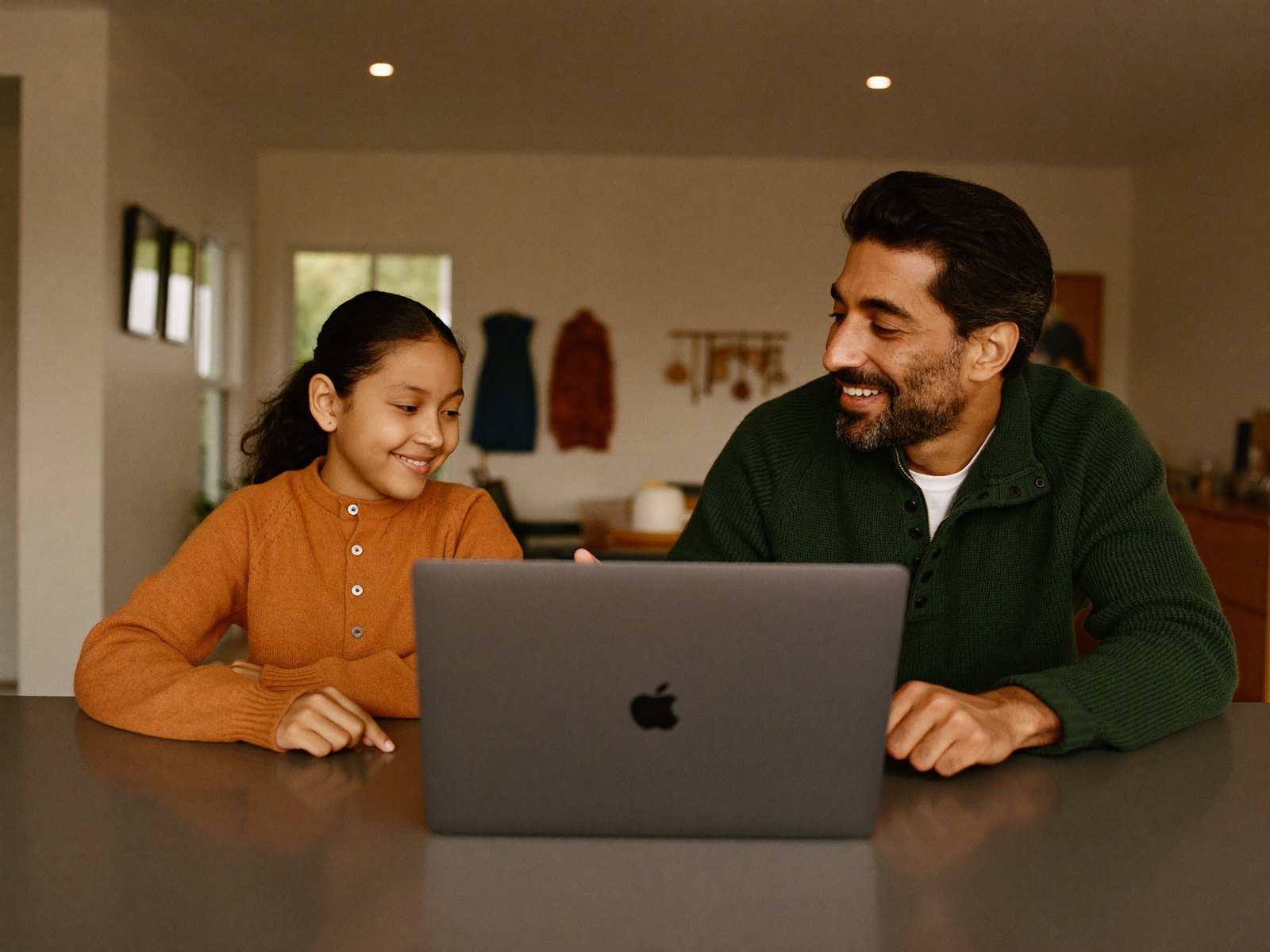 An Indian parent and child practicing Indian music together at home.