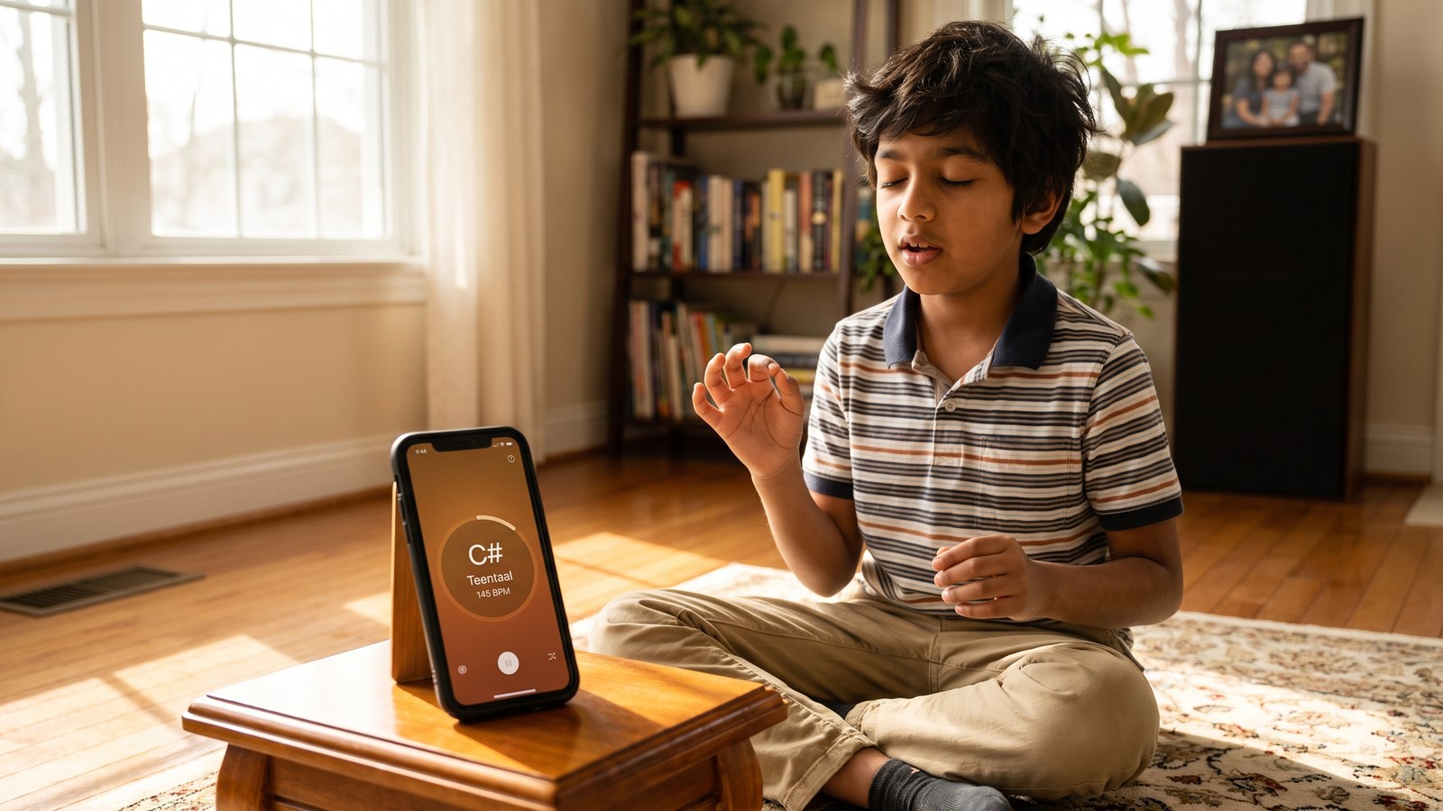 A child practicing Indian classical music at home with a tanpura app and headphones.