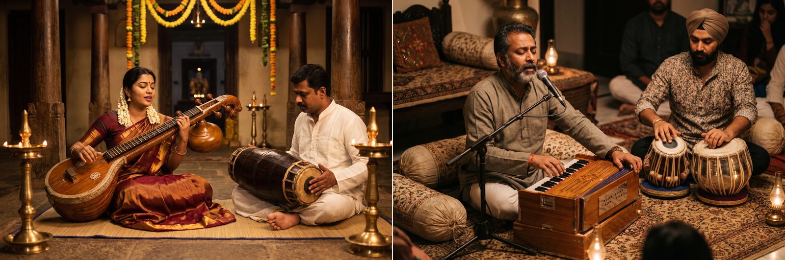 A split image of the two traditions: left, a Carnatic vocalist sings while playing the Saraswati veena beside a mridangam player; right, a Hindustani vocalist sings while playing the harmonium beside a tabla player.
