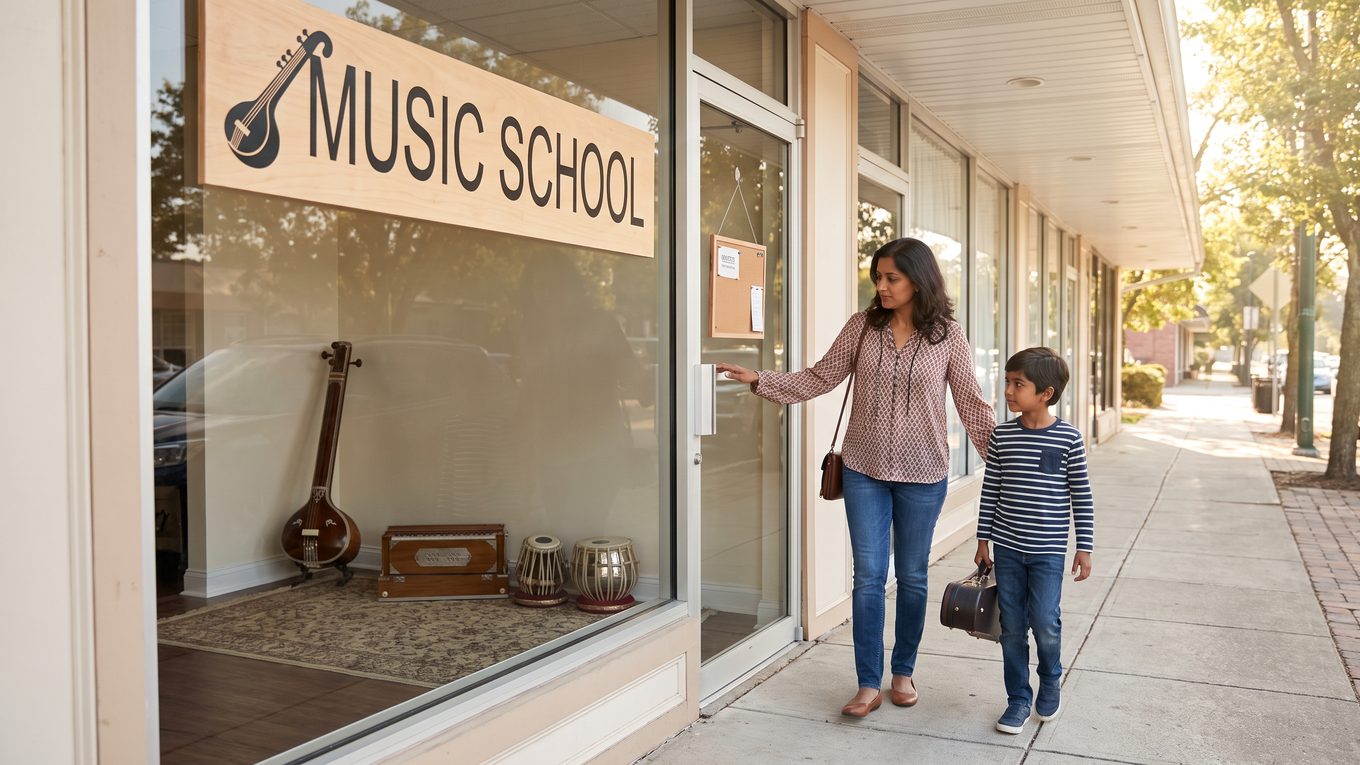 A mother and child arrive at a neighborhood music school, its window marked 'Music School' with a stringed-instrument silhouette and a tanpura, harmonium and tabla visible inside.